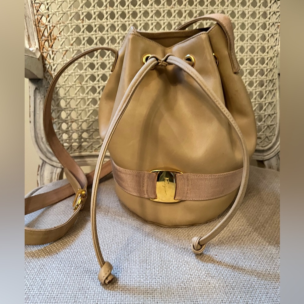 Salvatore Ferragamo Tan Leather bucket bag with Gold Accents